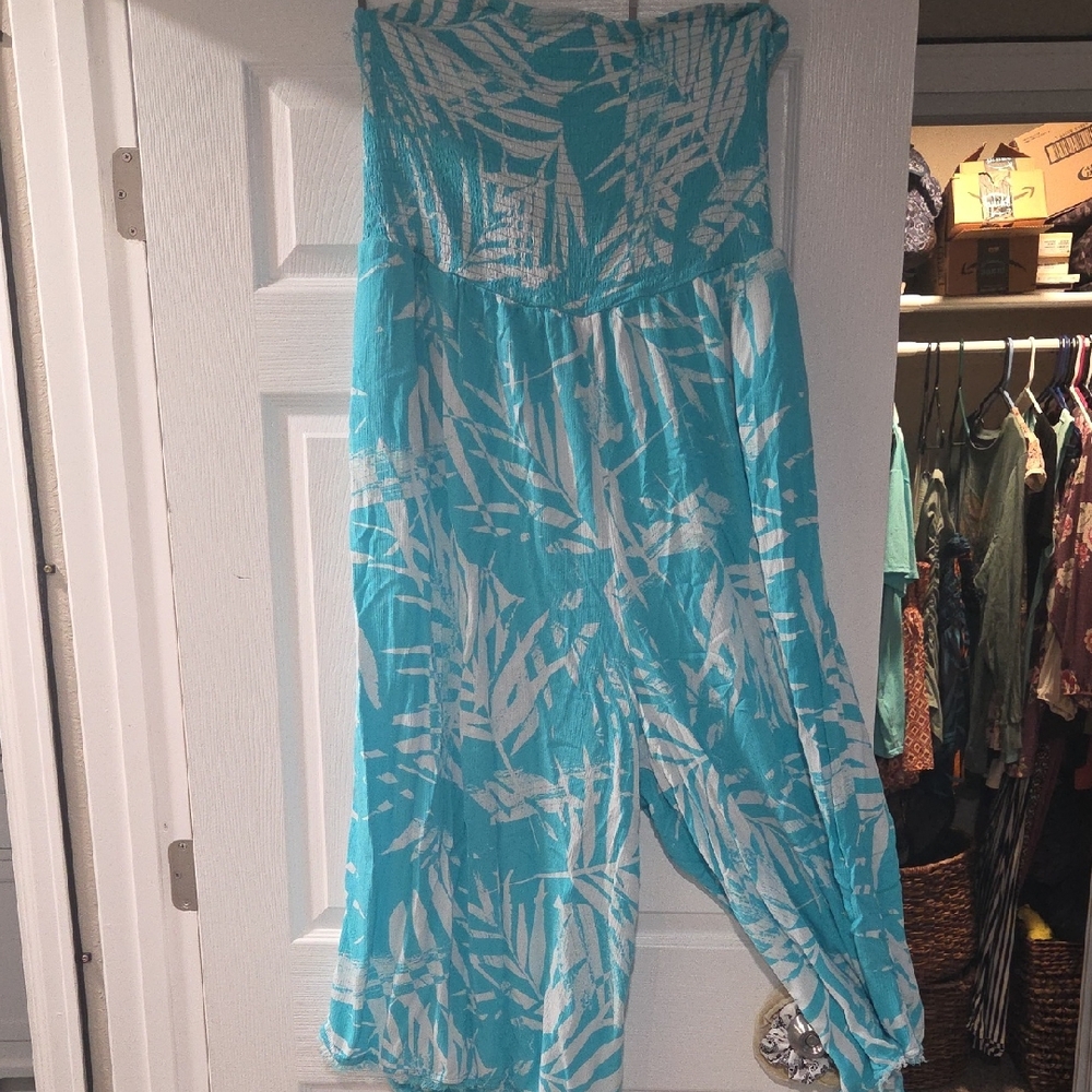 Torrid Blue and White Strapless Jumpsuit Sz 3